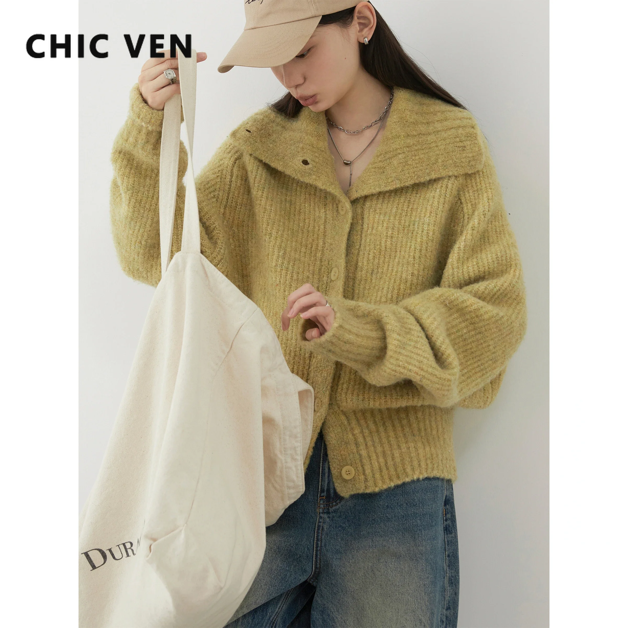 CHIC VEN Women Knitted Cardigan Loose Solid New Vintage Collar Long Sleeve Female Sweaters Spring Autumn 2024