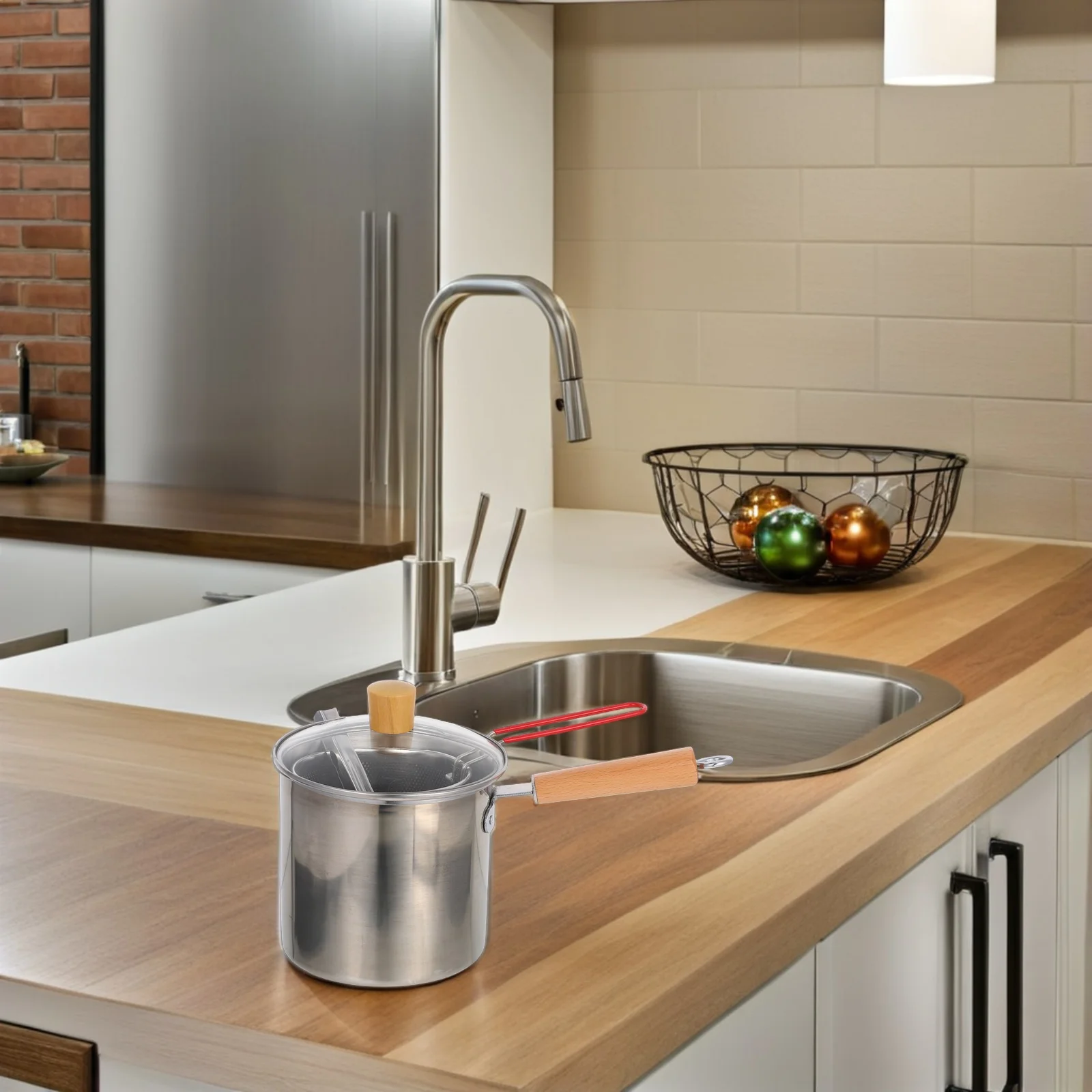 

3L Stainless Steel Deep Fryer Pot Wood Handle Frying Pan With Basket For Frying Boiling Stewing Small Deep Fat Fryer For Home