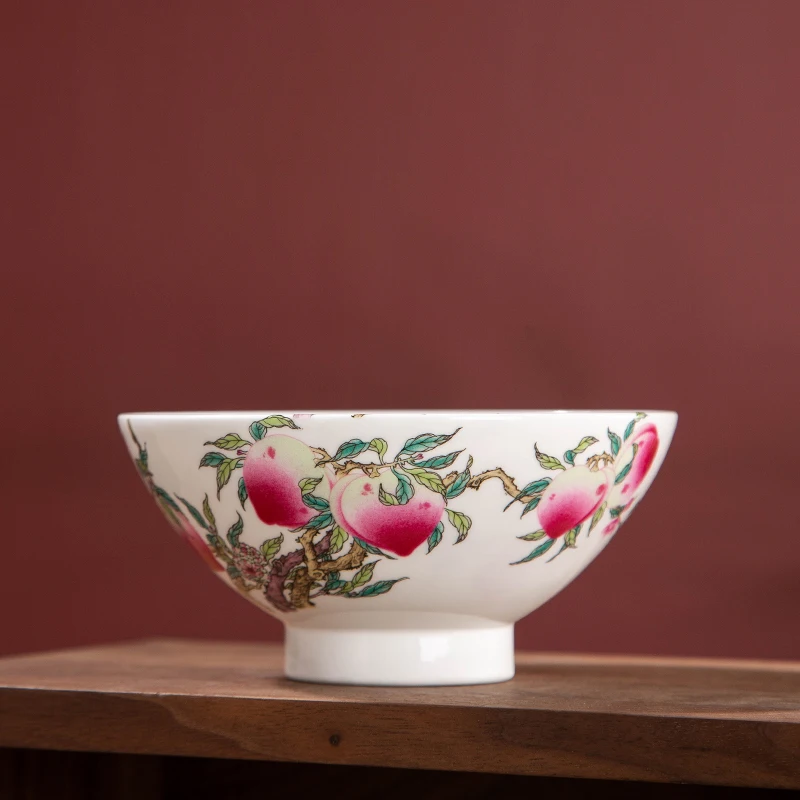Rice Bowl Bamboo Hat Bowl High Footed Bowl Longevity Peach Bowl Jingdezhen Ceramic Home Gift Tableware