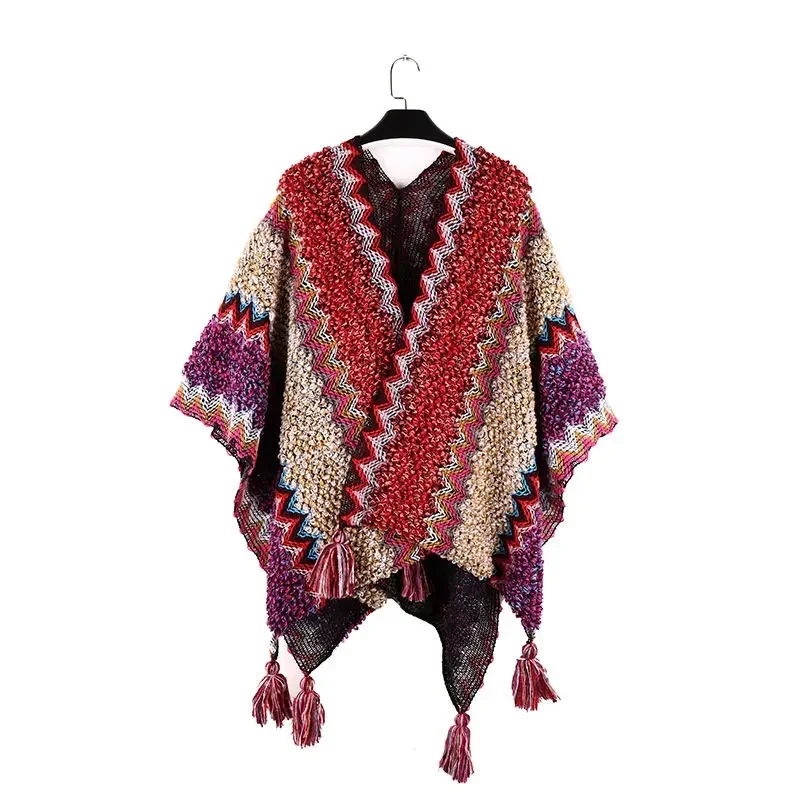 Women Knit Tassel Fringed Pullover Poncho Sweater Shawl Wrap Tassels Cloak Top Stripe Cape Cardigan Coat Stoles