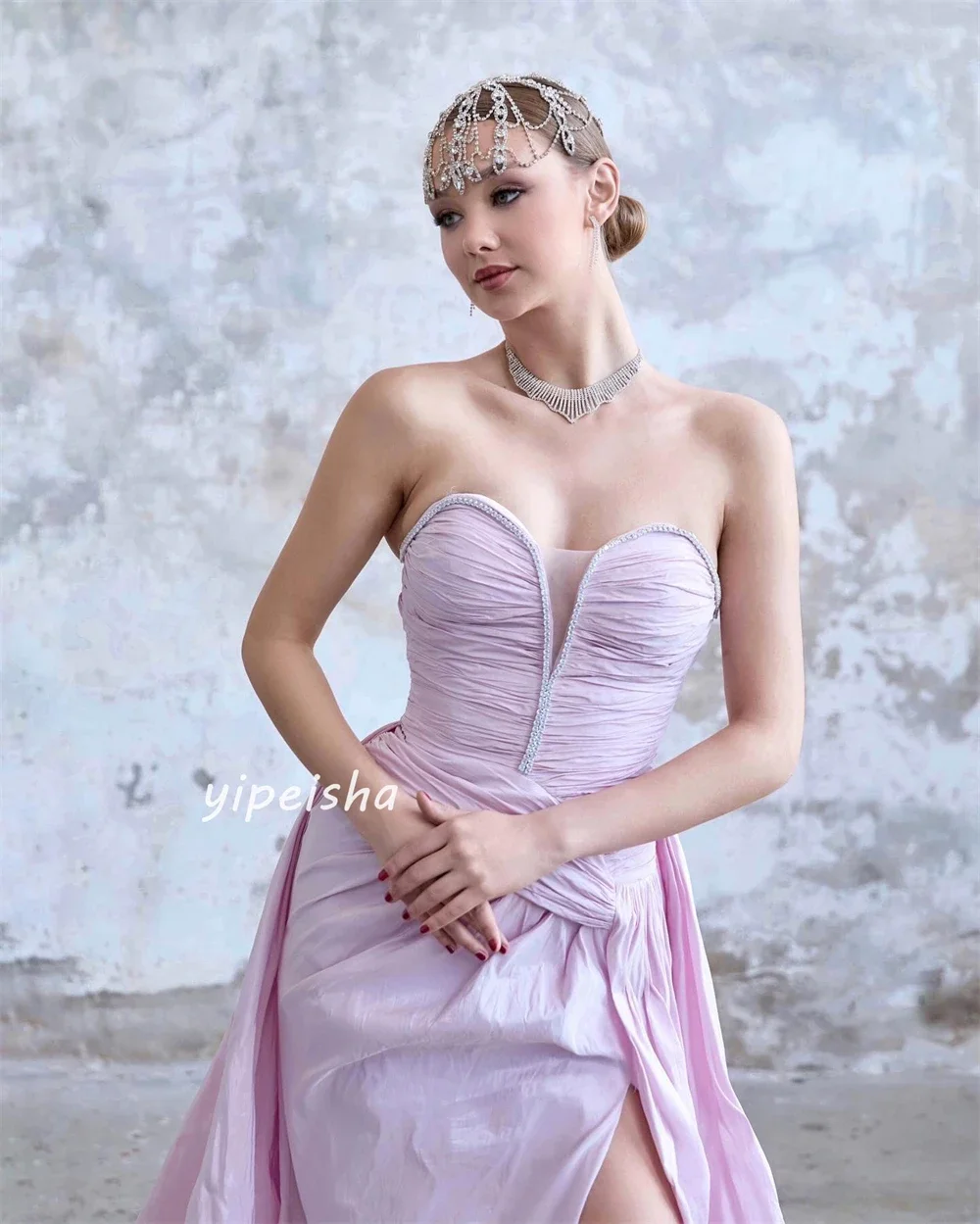 Disesuaikan Jersey berpayet Ruched Quinceanera A-line tanpa tali Bespoke gaun acara gaun panjang