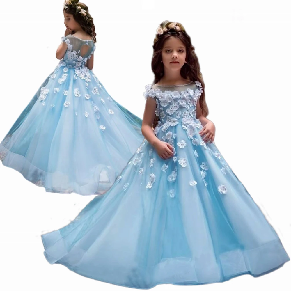 

Flower Girl Dress for Wedding Dresses Lace Sky Blue Long Princess Kids Handmade Puffy Evening Party First Communion Ball Gowns