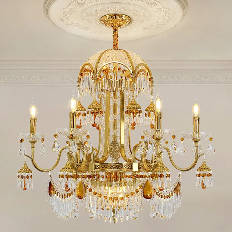 European Royal Brass Pendant Lamp Villa Duplex Dome Lobby Decorative Luminaire French Luxury Crystal Classic Droplight