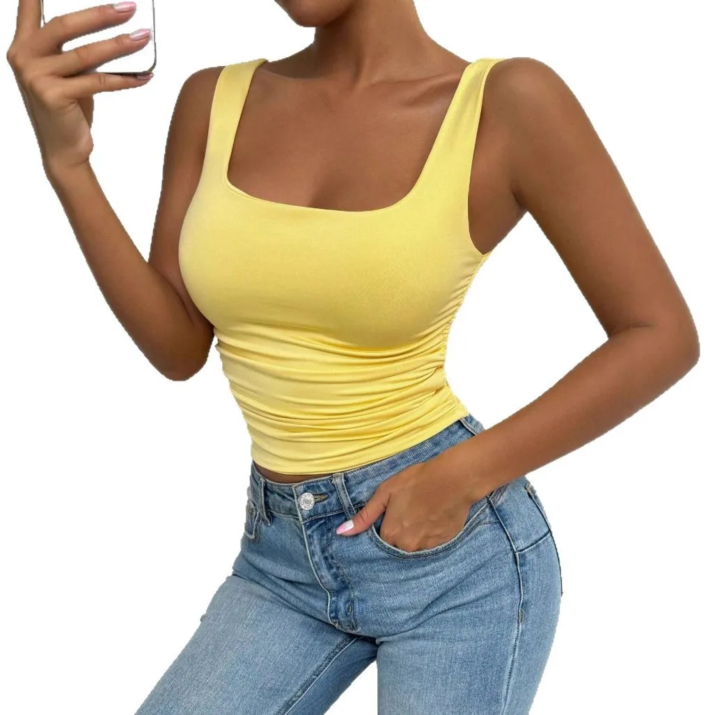2025 European and American cross-border new women's sleeveless sling vest square collar casual basic open-button top cw01611
