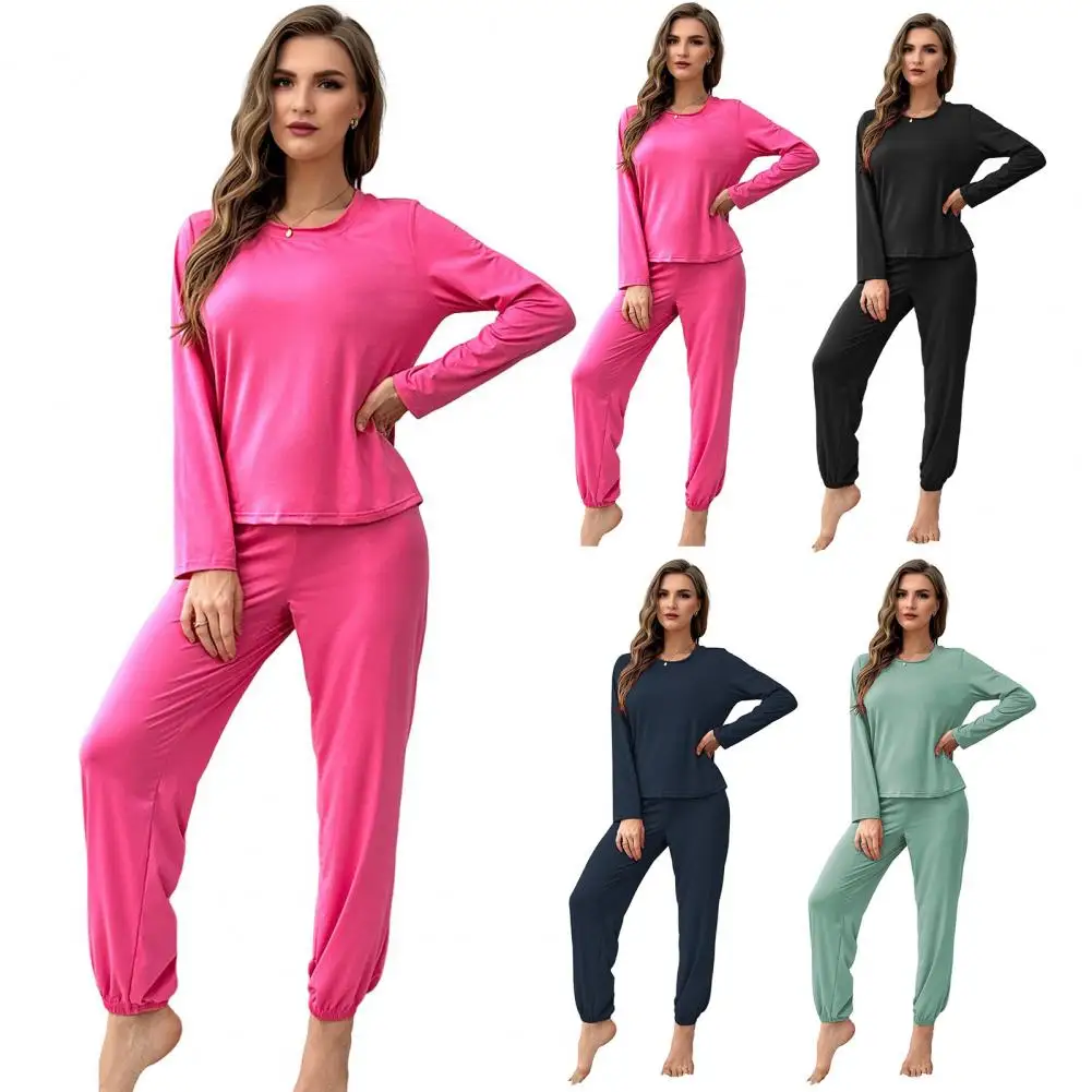 

Women's Pajama Set Lougewear Multi-color Plain Tie-ankle Sleepwear Soft Elastic Silk Two Pieces Long Sleeves Pyjamas Woman