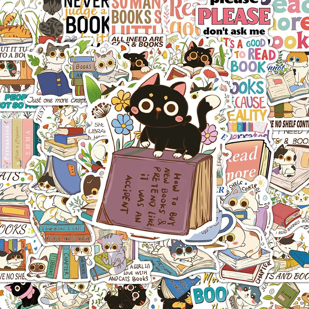 10/30/60pcs Cute Reading Cats and Books Stickers Kawaii Creative Cartoon Decals DIY Skateboard Phone Diary Graffiti Sticker Toys