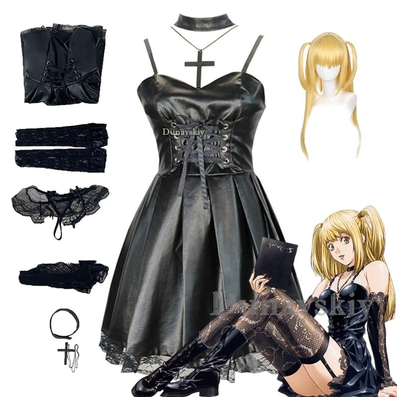 Cosplay Anime Misa Amane Costume Faux Leather Sexy Black Lolita Dress Wig Set Halloween Clothes Cosplay Costumes