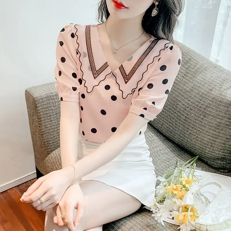 Floral Chiffon Thin Blouse Summer New Short Sleeve Polka Dot Loose Printing Elegant Shirt Tops Fashion Sweet Women Clothing