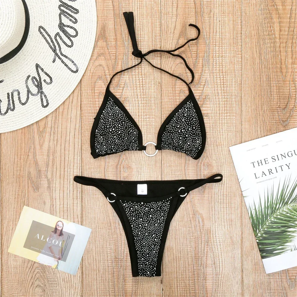 Bikini Sexy de diamantes de imitación para mujer, traje de baño de dos piezas con Tanga y cordón, tendencia de playa, Y2K