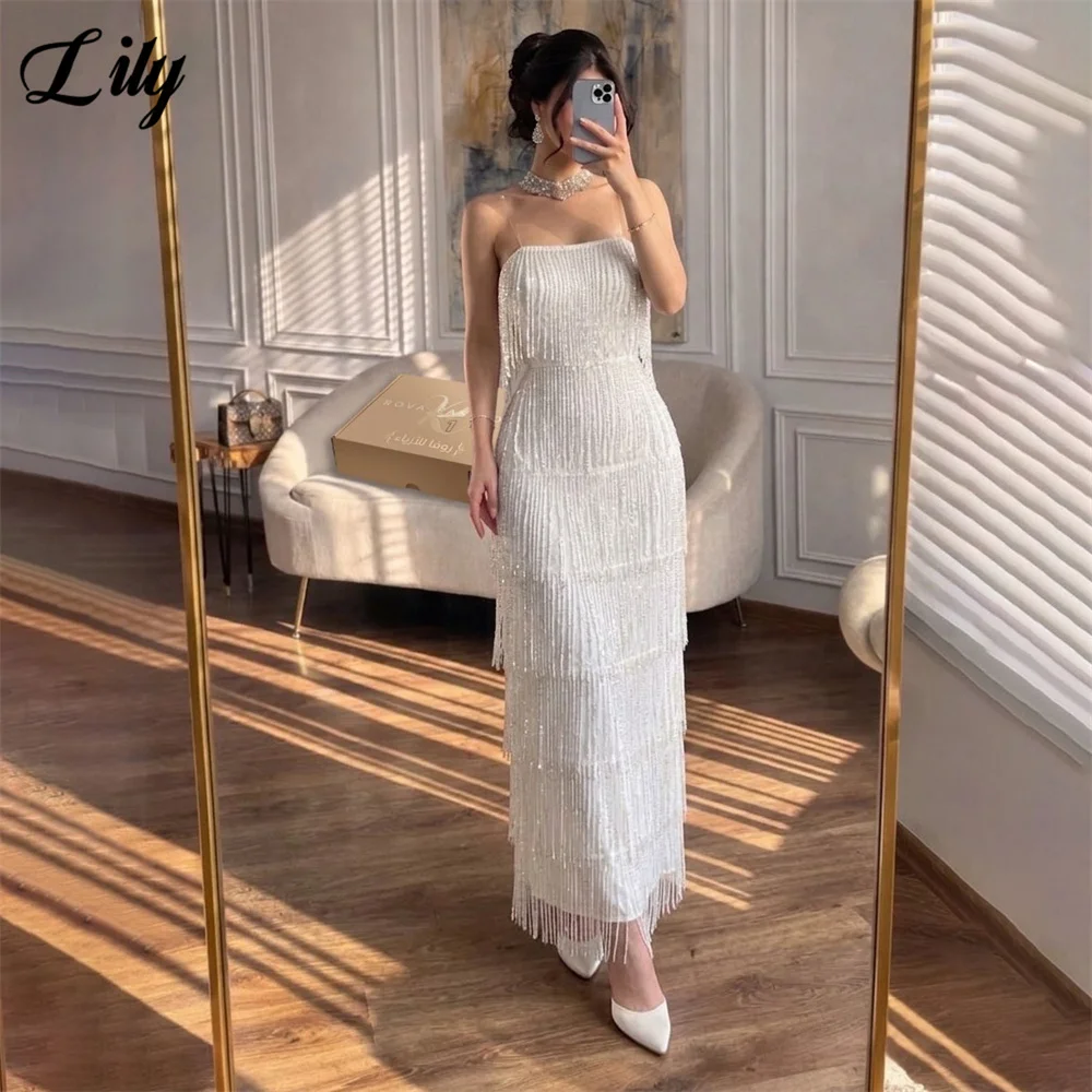 Lily White Mermaid Party Dress Strapless Tassel Evening Dress Multilayered فساتين السهرة Modest Dress for Wedding Customized