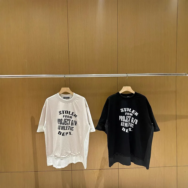 프로젝트 G/R Grailz 2026 비대칭 페이크 투피스 비주얼 디스플레이스먼트 패치워크 레터 프린트 반팔 티셔츠