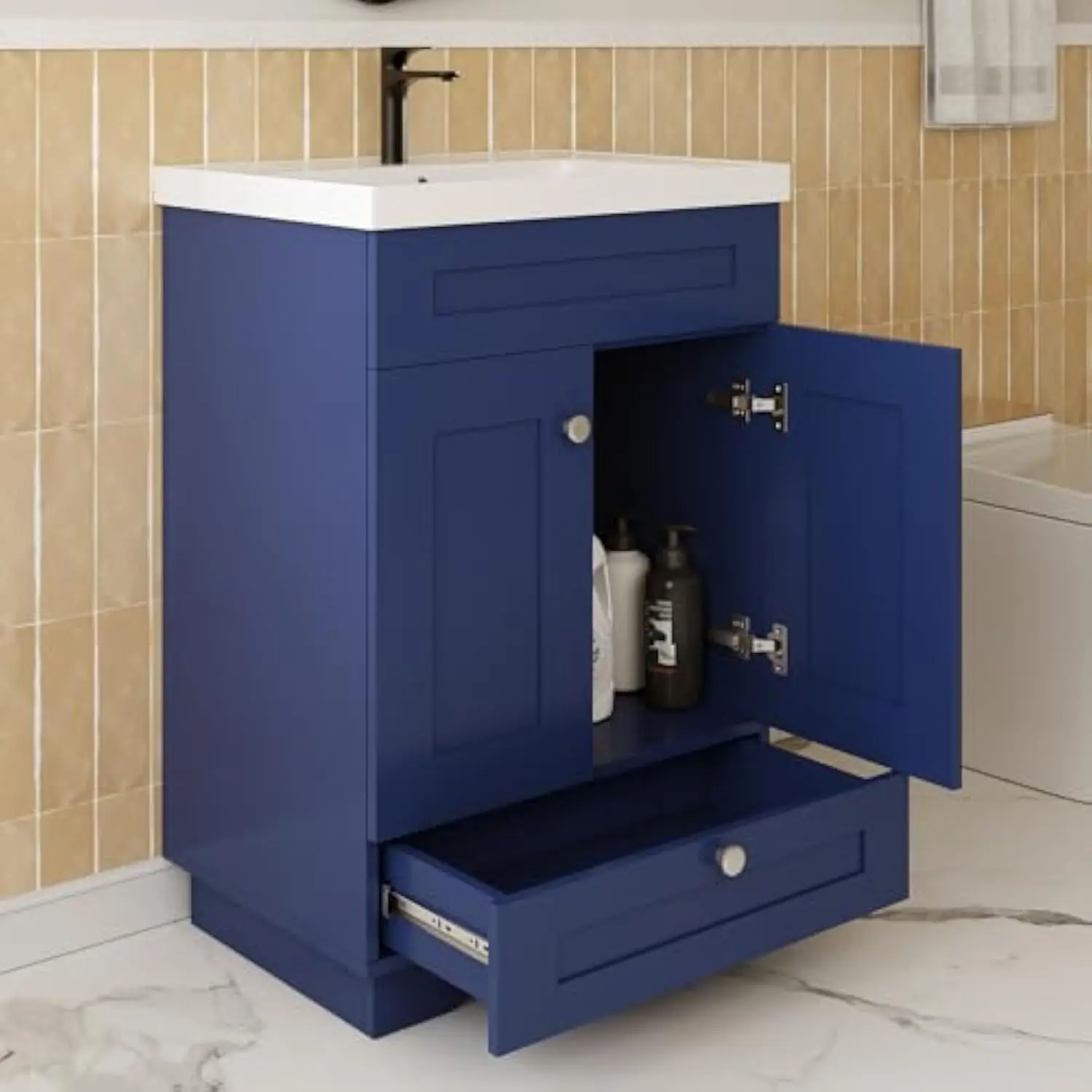 24 Base per lavabo da bagno, mobile con base per lavabo da pavimento con cassetto Soft Close e 2 ante, pomelli, blu navy