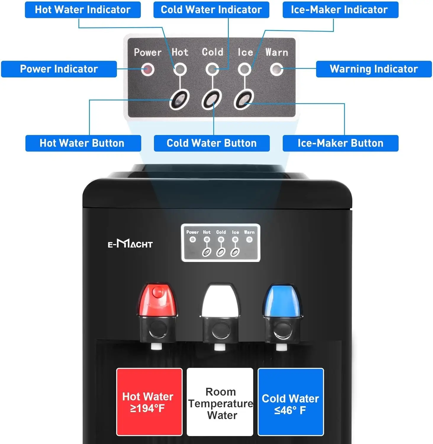 Built-in Ice Maker, Top Loading Water Cooler Dispenser for 3-5 Gallon Bottle with a Scoop, 3 Temps, Child Safety Lock, ETL Liste