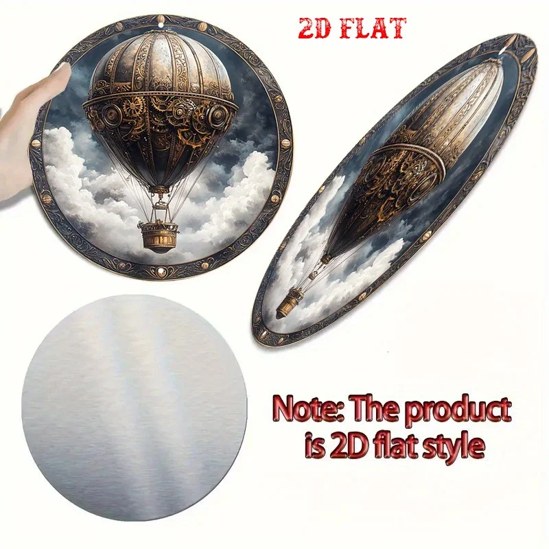 2D Flat 1pc  Tin Sign Featuring Ornate Steampunk Balloon In Clouds Round Poster for Tranquil Beach House Backyard for Creative M