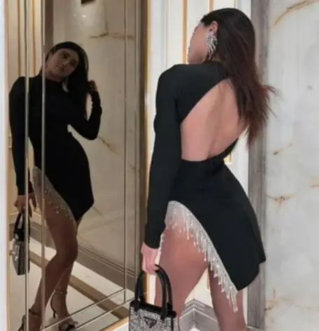 

2022 New Summer High Quality Ladies Rayon Bandage Sexy Black Slit Dress Backless Dress Nightclub Style Party Dress