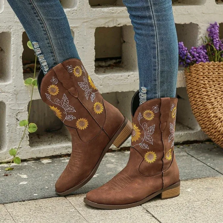 New Women Coffee Brown Embroidery Boots PU Leather Printed Western Cowboy Boots Deep V-mouth High Tube Casual Boots Classic