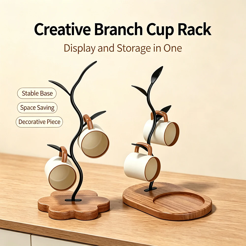 Mug Holder Tree Stand with Solid Wood Base, Carbon Steel Cup Rack, Kitchen Counter Organizer, Display and Drying Rack for Cups