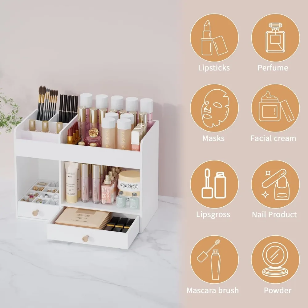 منظم مكياج من الخيزران مع أدراج لتخزين مستحضرات التجميل، لا يتطلب تجميع باللون الأبيض #5