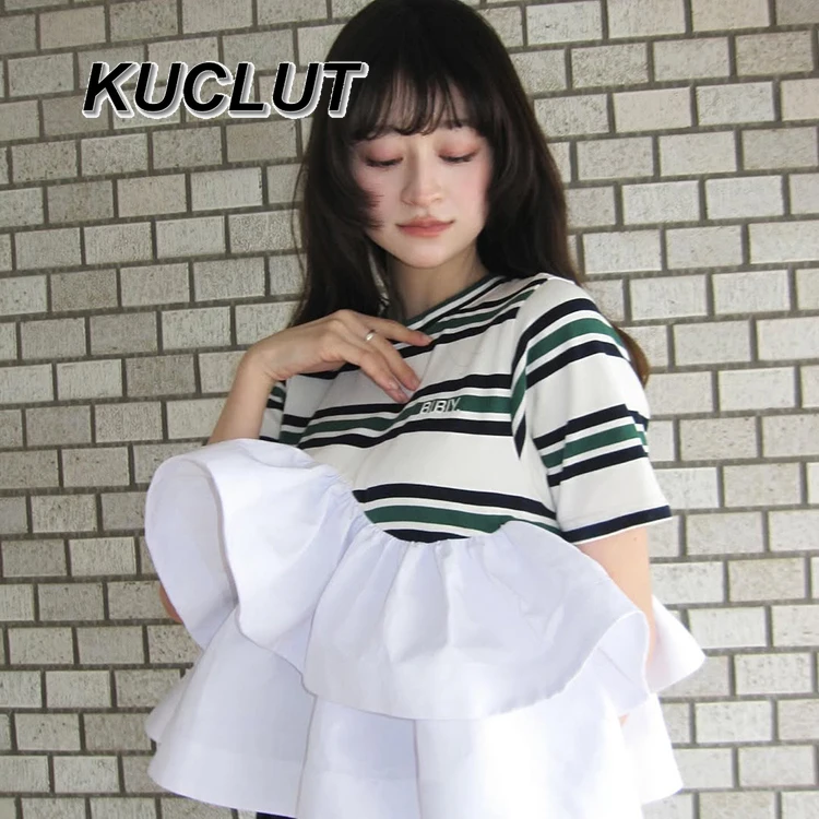 Contrasting Striped Tees Ruffle Edge Round Neck Tee Fashion Women's Short-sleeved T-shirts Summer Japanese Style Casual Top