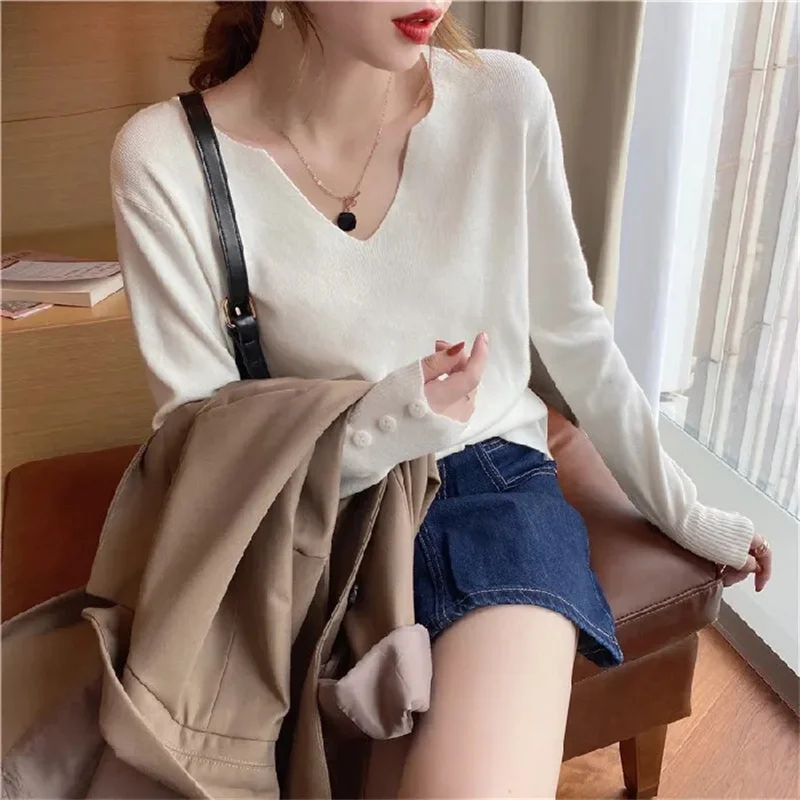 Women\'s Half-High Collar V-Neck Curling Knitted Bottoming Shirt Long Sleeve Inner Wear Pullover Sweater Top Autumn Winter 2024 N