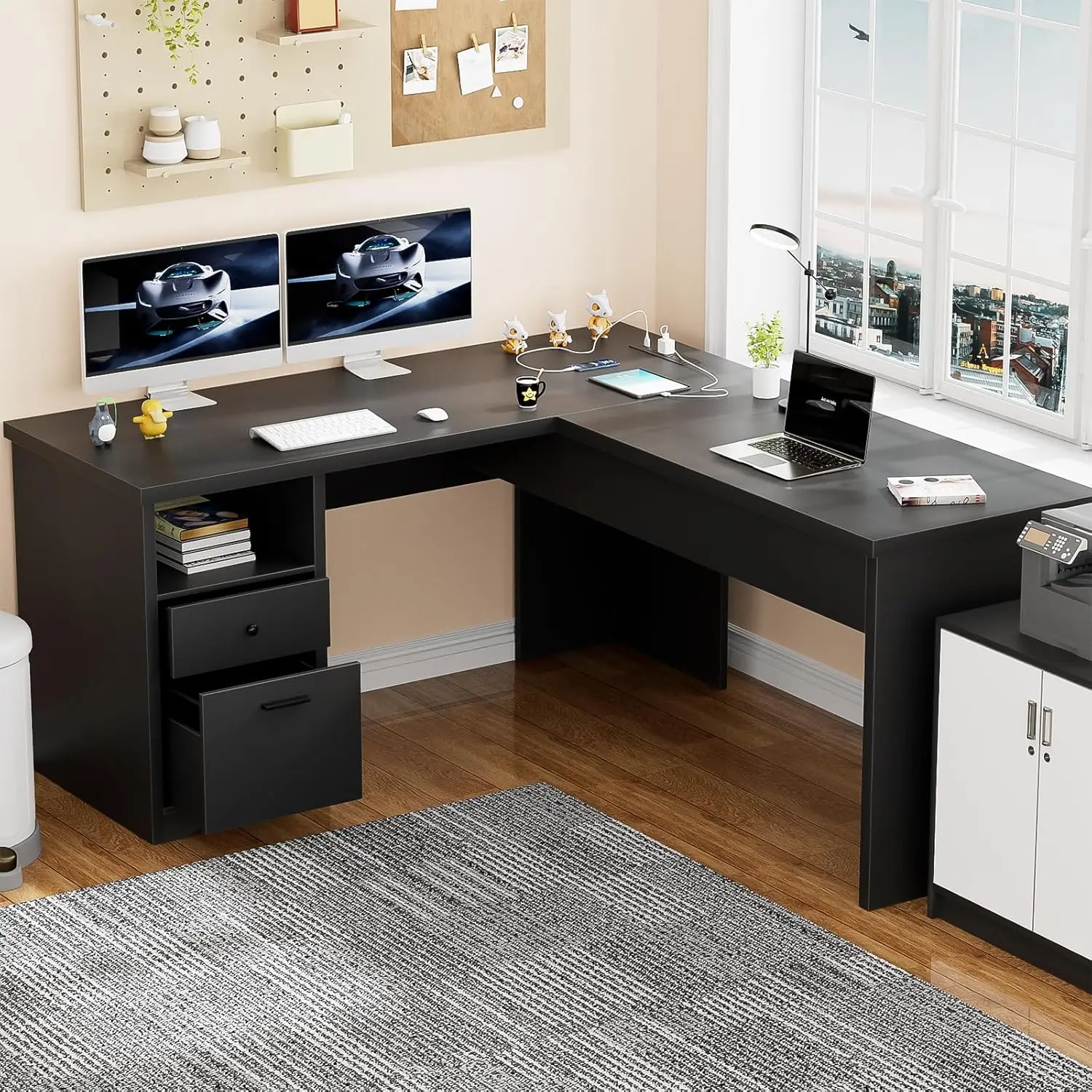 L Shaped Desk with Lift Top and Drawer, Large Office Desk with Power Outlets and USB Charging Ports