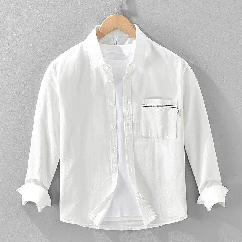 2025 new contrast line pocket casual shirt men's spring loose square collar delicate strong twist pure cotton top