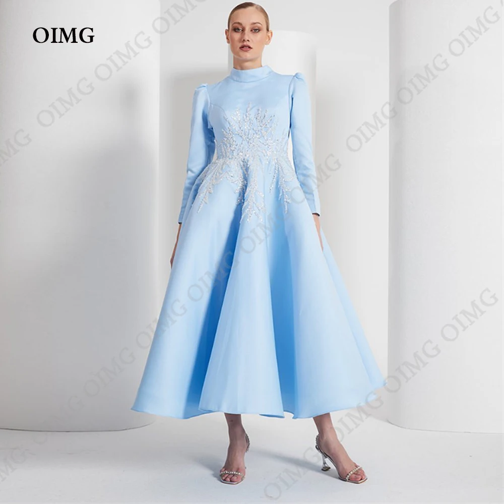 

OIMG Satin Long Sleeve Muslim Evening Dress A Line Beaded High Neck Prom Party Gown Arabia Dubai Kaftan Islamic Robe De Soiree