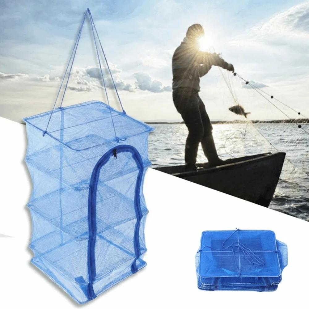 Portable Collapsible Fishing Drying Net PE with Zipper Opening Hanging Drying Net 35*35*66cm Blue Food Drying Rack Herb