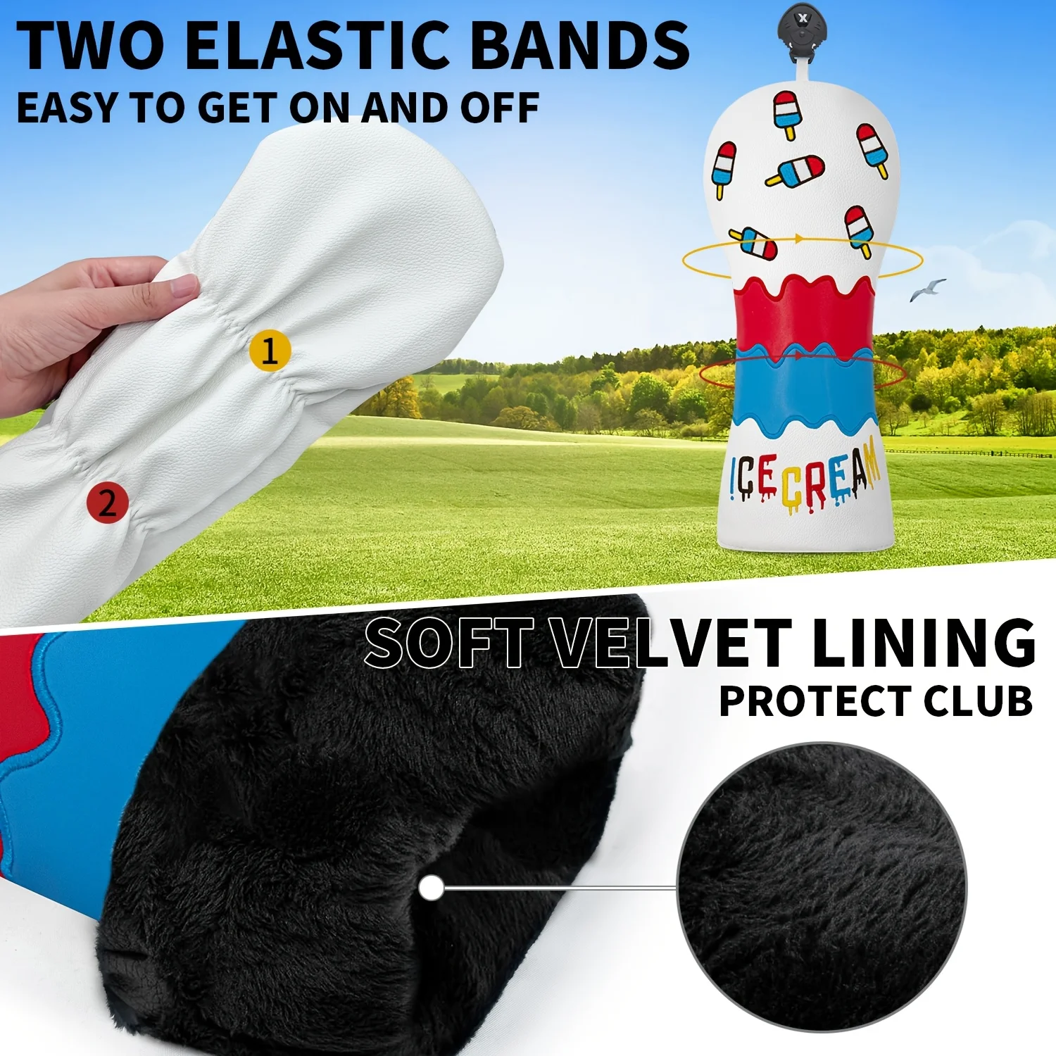 Ice Cream Pattern Golf Club Head Covers - White with Red,  & Yellow Swirls, "ICE CREAM" Design, Durable Golf Accessories image 4