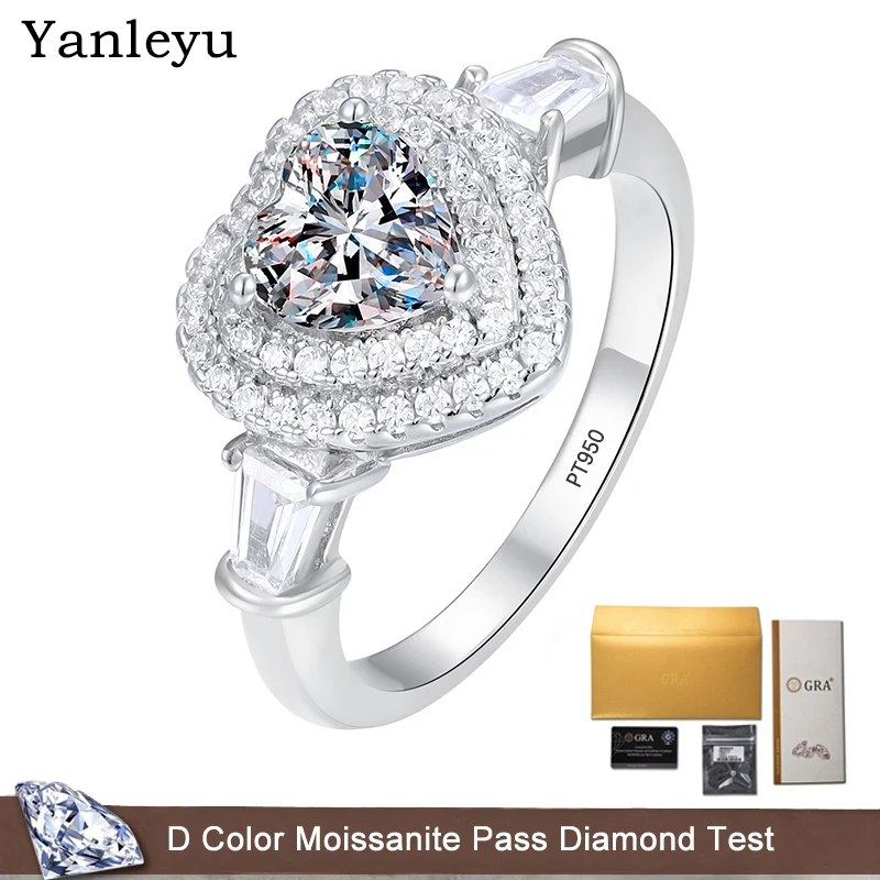 

Yanleyu 1 Carat Heart Cut Moissanite Wedding Ring for Women D Color Diamond Engagement Band Platinum PT950 Promise Bridal Rings