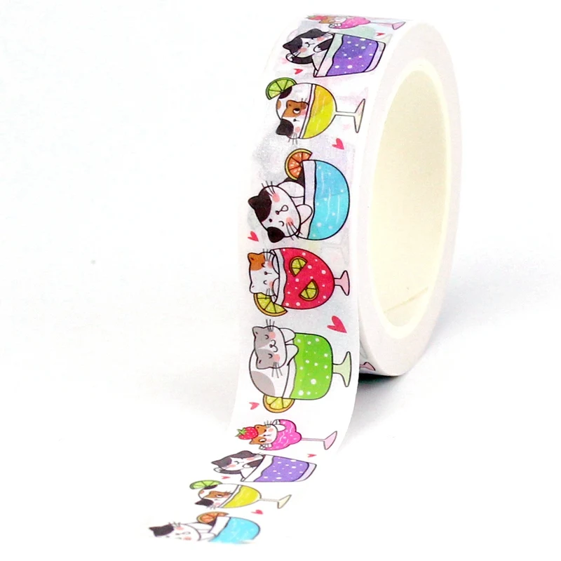 

2023 NEW 1PC 10M Decor Cats on Cups Summer Washi Tape for Scrapbooking Journaling Adhesive Masking Tape Cute Stationery