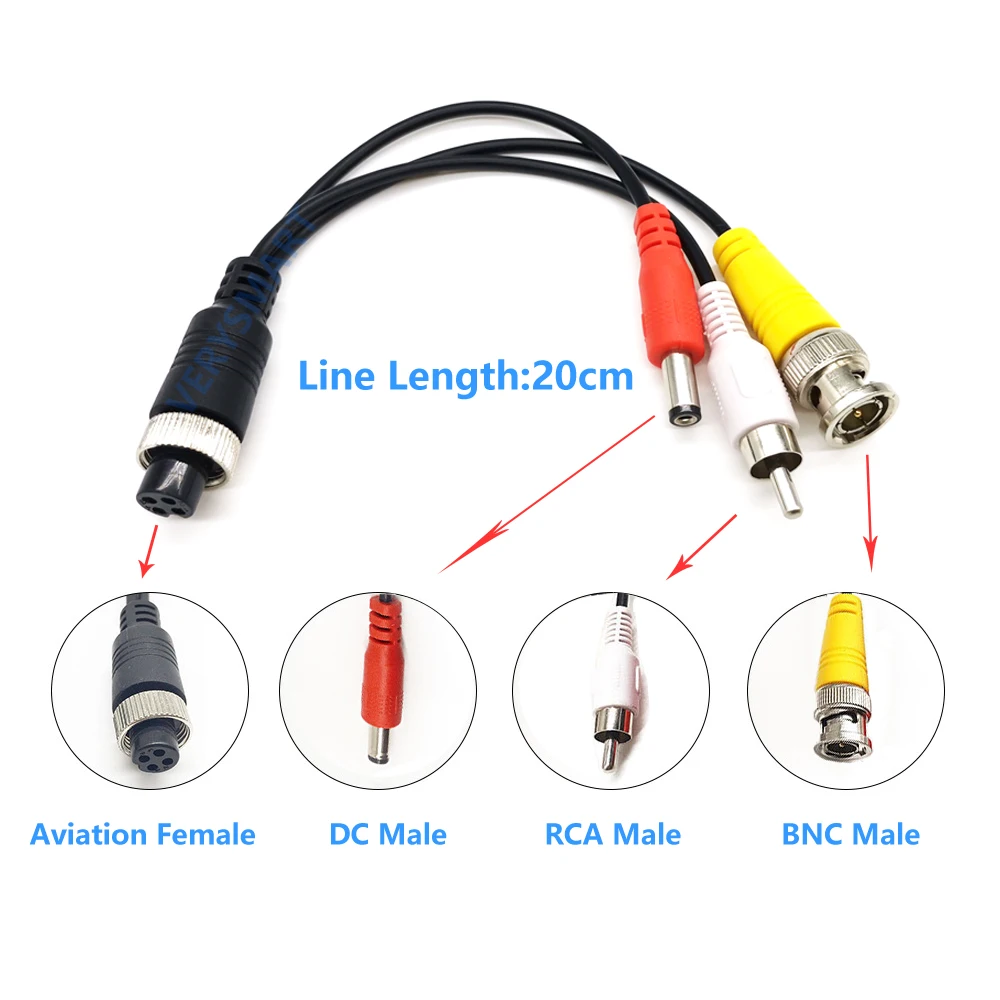 Aviation Female Plug to BNC+RCA+DC Male 3in1 Extension Cable Adapter for 4 Channel Car DVR Security Camera System 20CM