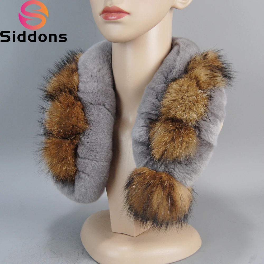 

2024 New Fashion Pompoms Lady Real Raccoon Fur Scarves Women Winter Warm Natural Rex Rabbit Fur Scarf Fluffy Genuine Fur Muffles