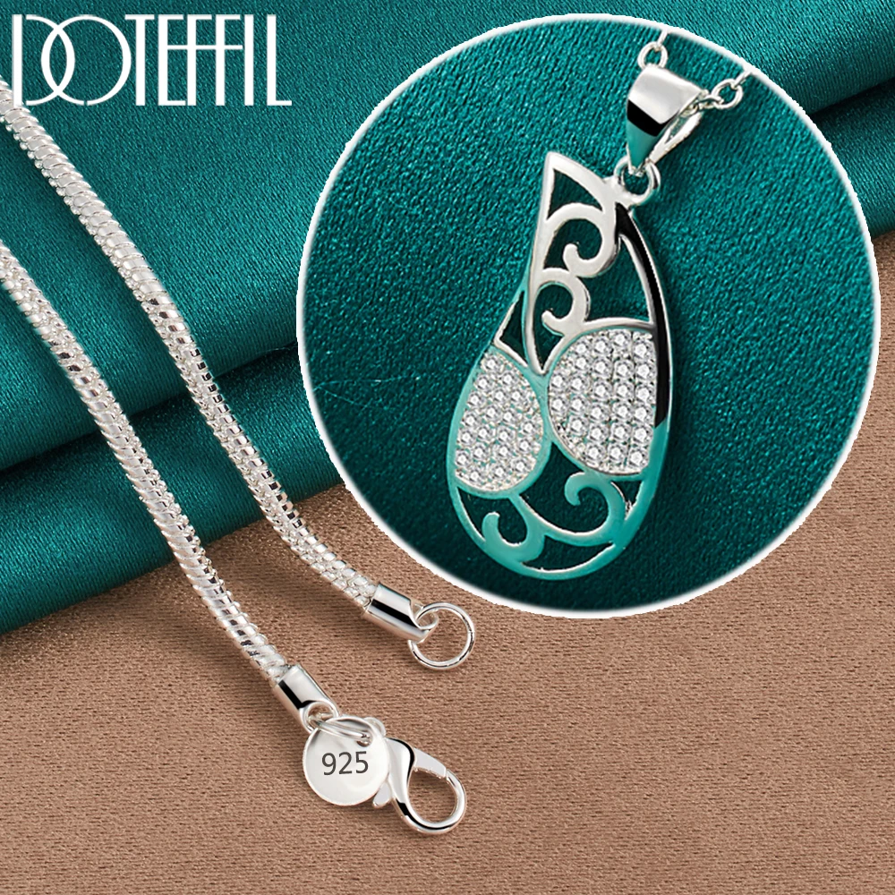 DOTEFFIL 925 Sterling Silver AAA Zircon Water Droplet Pendant Necklace 16-30 Inch Chain For Women Man Wedding Charm Jewelry