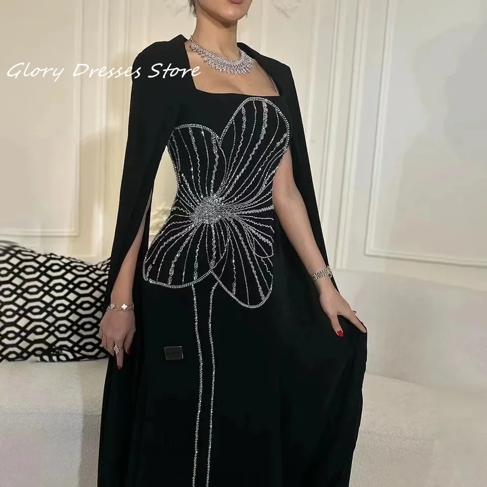 Black Crystals Prom Dresses Ankle Length Evening Dresses Beadings Long Sleeves O-Neck Arabia Zipper Formal Women Party Dresses