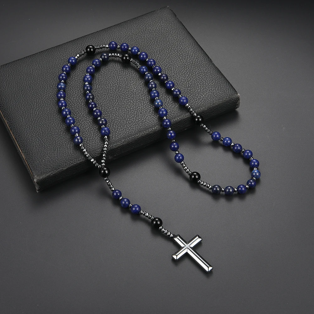 Naturstein blaue runde Perlen Edelstein Kreuz Anhänger Halskette für Männer und Frauen Rosenkranz Gebetsschmuck – Detail 5