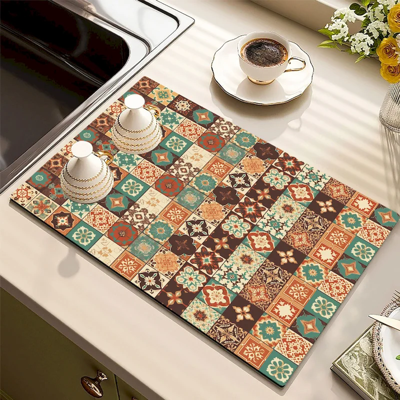 VIKAMA Moroccan Retro Ceramic Tile Tableware Drying Mat, Bohemian Flower Anti Slip Drainage Mat For Home Decoration