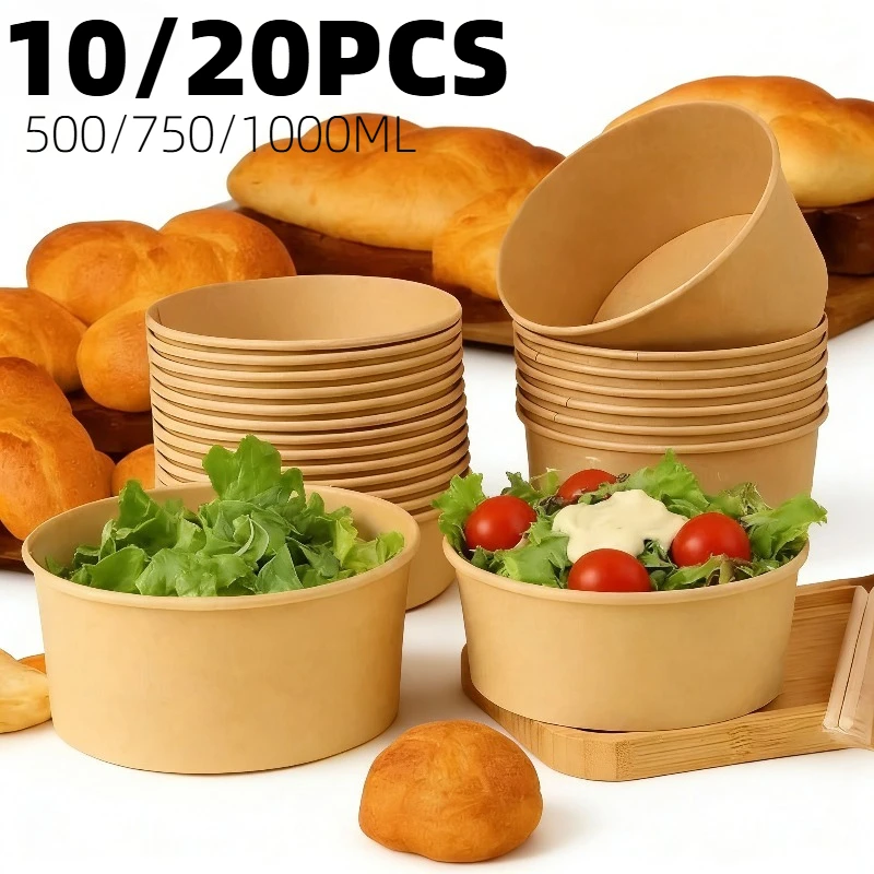 Cuenco redondo de papel Kraft desechable, cuenco de papel Kraft para llevar, sopa, ensalada, fideos, crema, hielo, aperitivos, ensalada de frutas, cumpleaños, 10/20 piezas