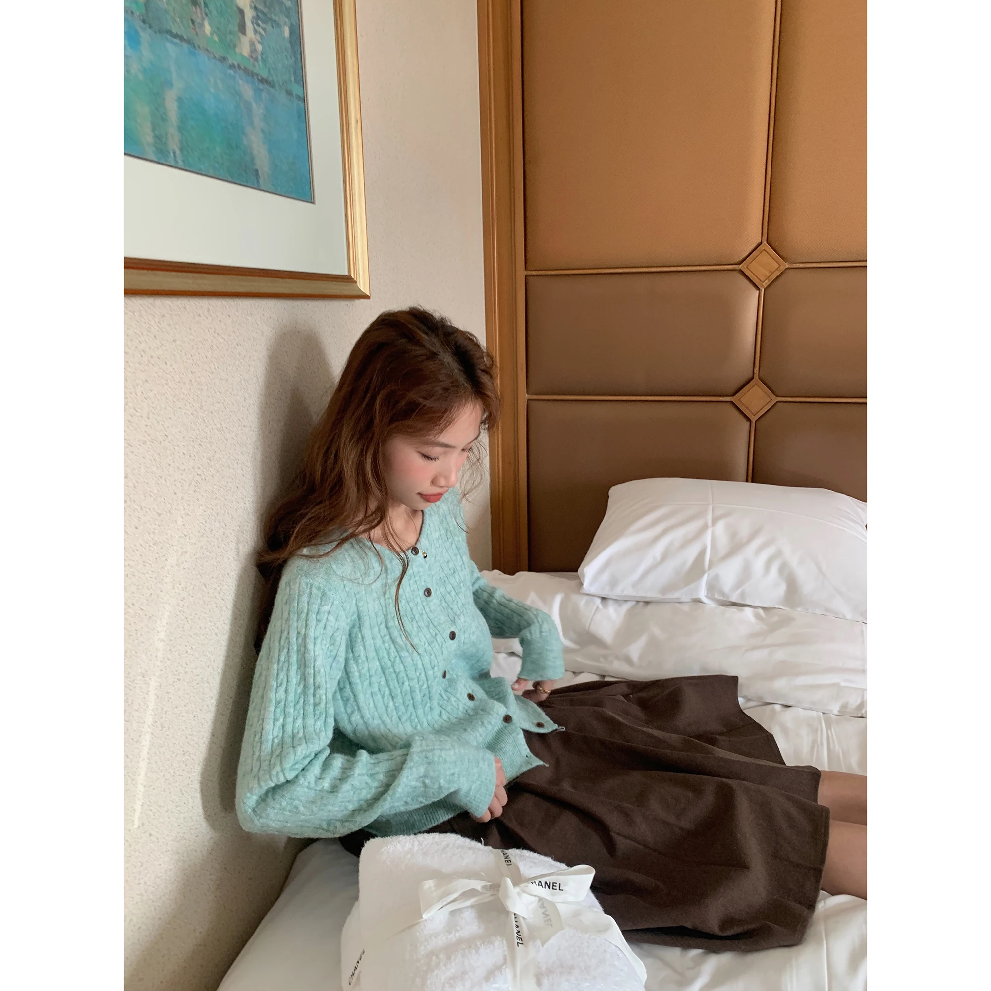 

Вязаный открытый кардиган Mint een, женская внутренняя одежда, свитер Soft Eeni, милый свитер стандартной посадки, длинный свеч, дизайн на пуговицах V-Ne