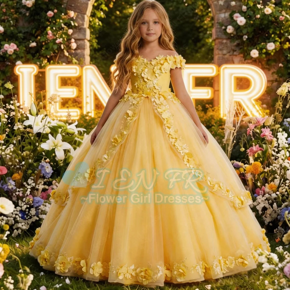 

Индивидуальное кружевное желтое платье принцессы для девочки с цветочными аппликациями для свадьбы, дня рождения, выпускного вечера