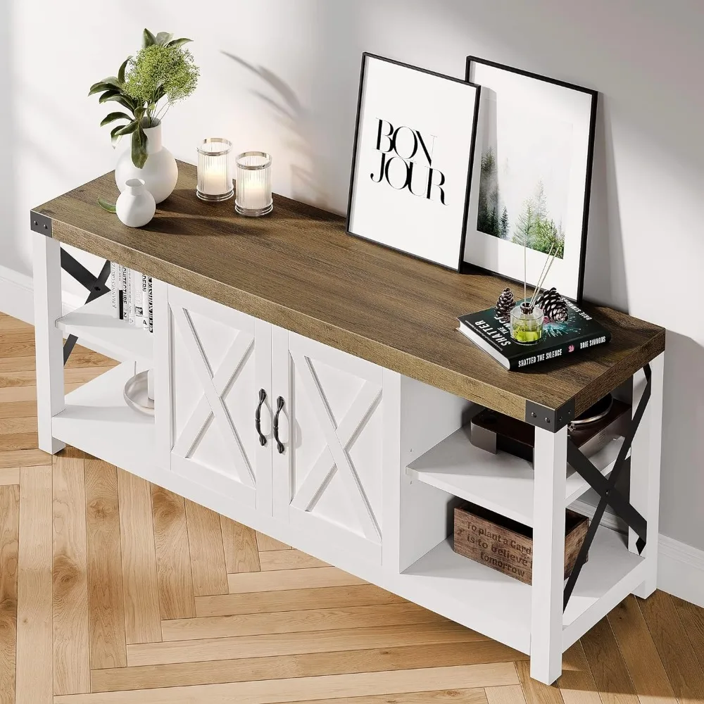Farmhouse TV Stand com armários de armazenamento e prateleiras abertas, centro de entretenimento moderno do meio do século, 65 polegadas, 60 polegadas, 55 polegadas