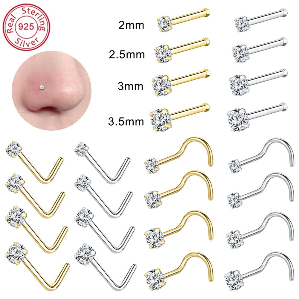 

ZS 18/20G 925 Sliver Nostril Piercings Gold Plated Nose Studs Shiny Zircon Septum Nose Rings for Women Real Sterling Nose Stud