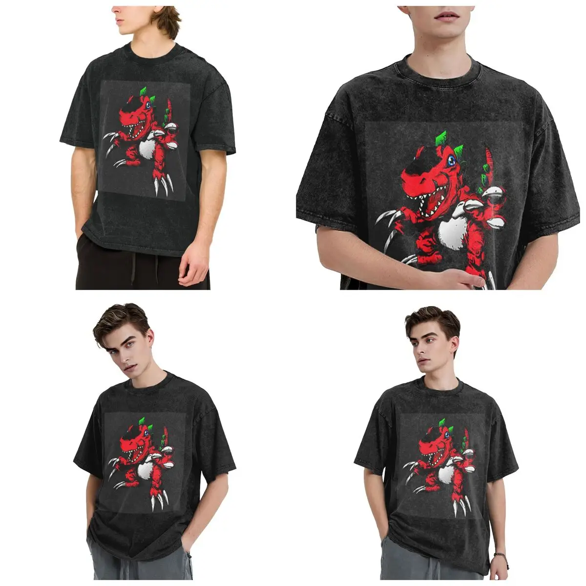 Streetwear T-Shirts Digimon Tyrannomon Washed T Shirt Short Sleeve Hip Hop T-Shirt Tops Tees for Men Women