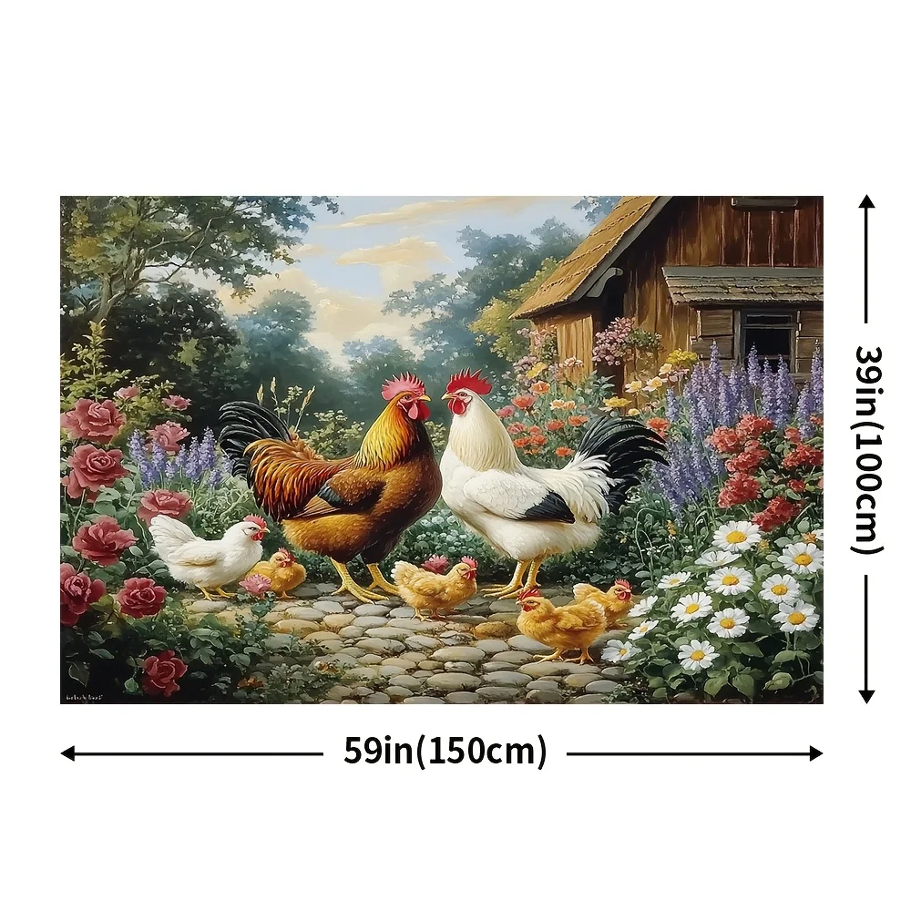 Farmyard Chickens And Flowers Tapestry Wall Hanging Art Decor Rustic Garden Scene With Roosters Hens For Living Room Bedroom