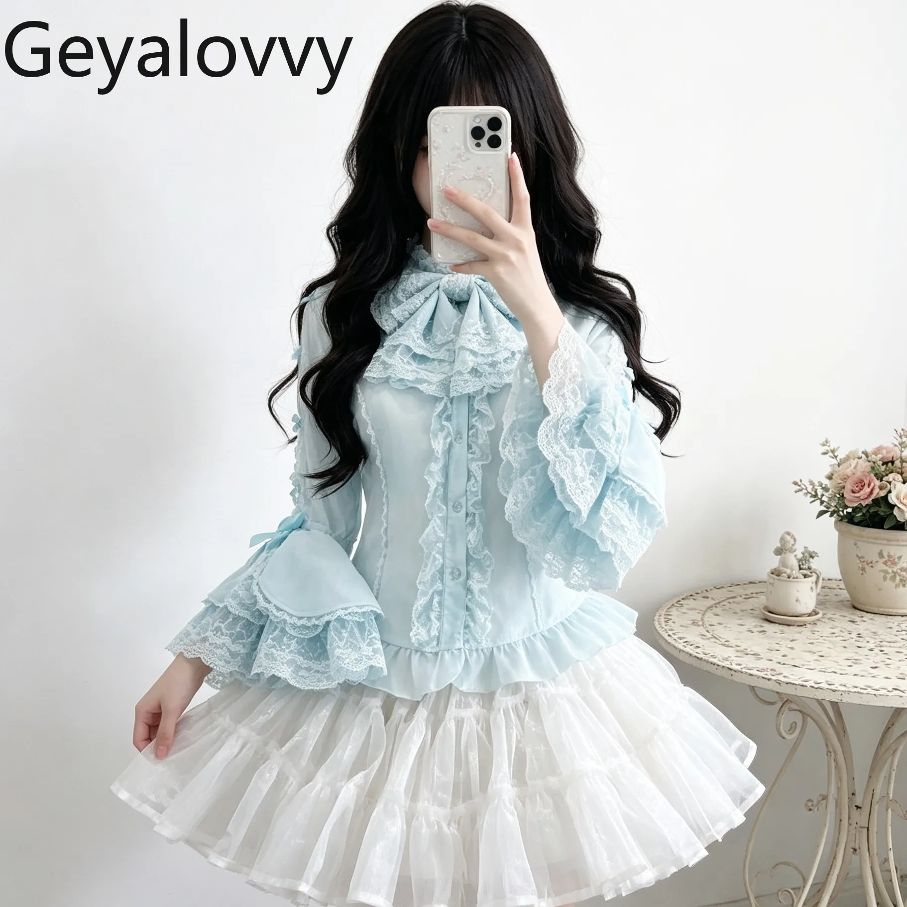 

Lolita Style Princess Sleeve Bowknot Inner Shirt Spring Autumn Solid Color Chiffon Shirts Versatile Base Layer Long Sleeve Top