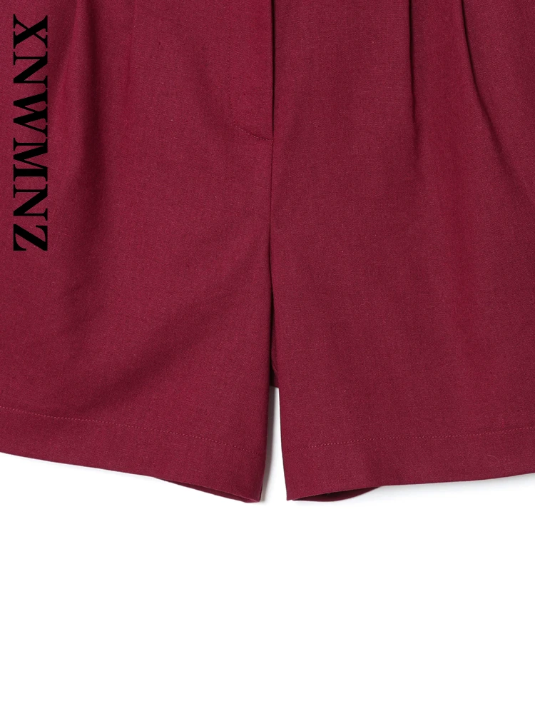 XNWMNZ 2025 Autunno Nuova Donna Semplice Pendolarismo Pulsante Pantaloni Corti di Lino Moda Casual Lady Rosso Vintage Vestibilità Regolare