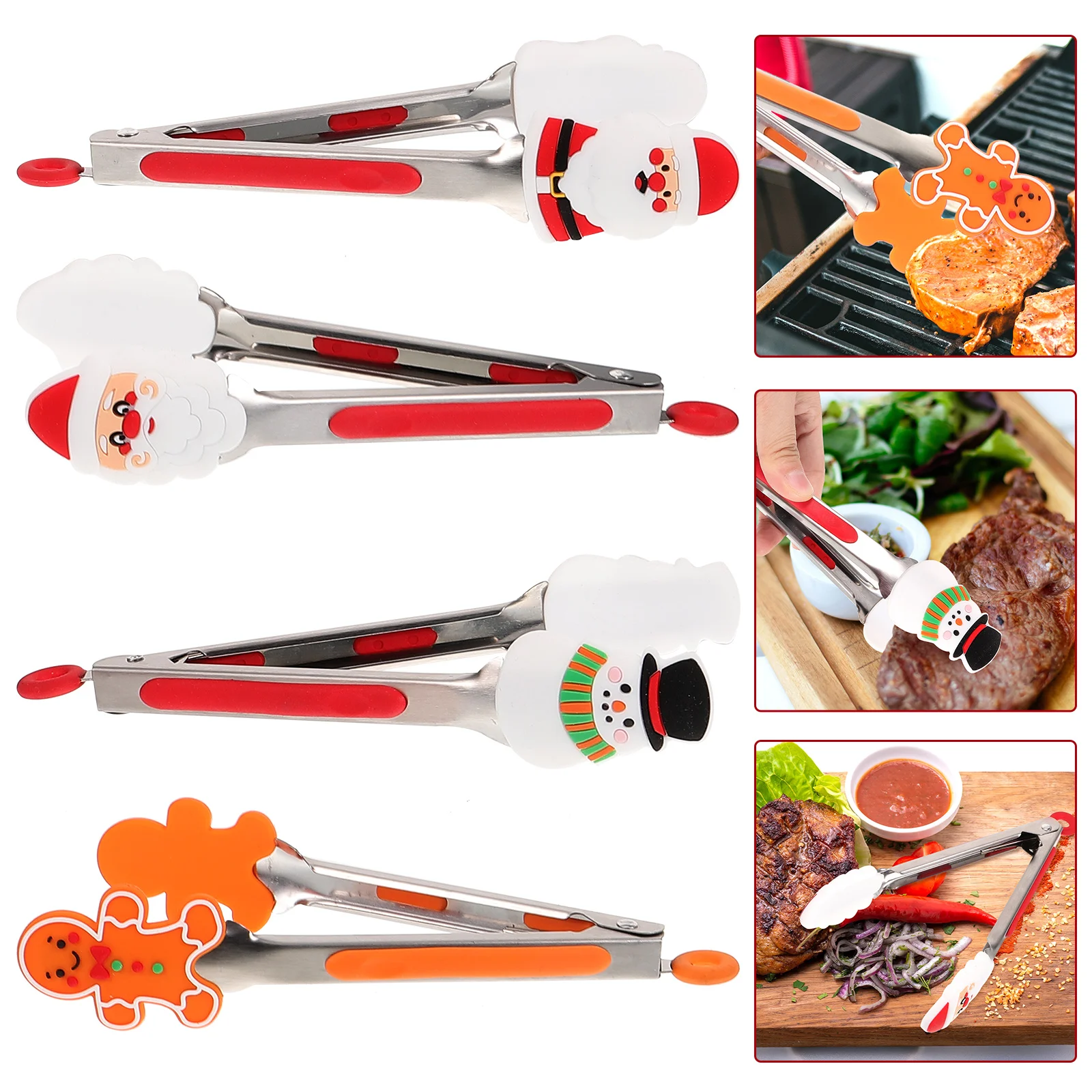 

4 Pcs Stainless Steel Food Tongs 7 Inch Christmas Silicone Grips BBQ Grilling Steak Kitchen Tool Easy Clean Heat Resistant Anti