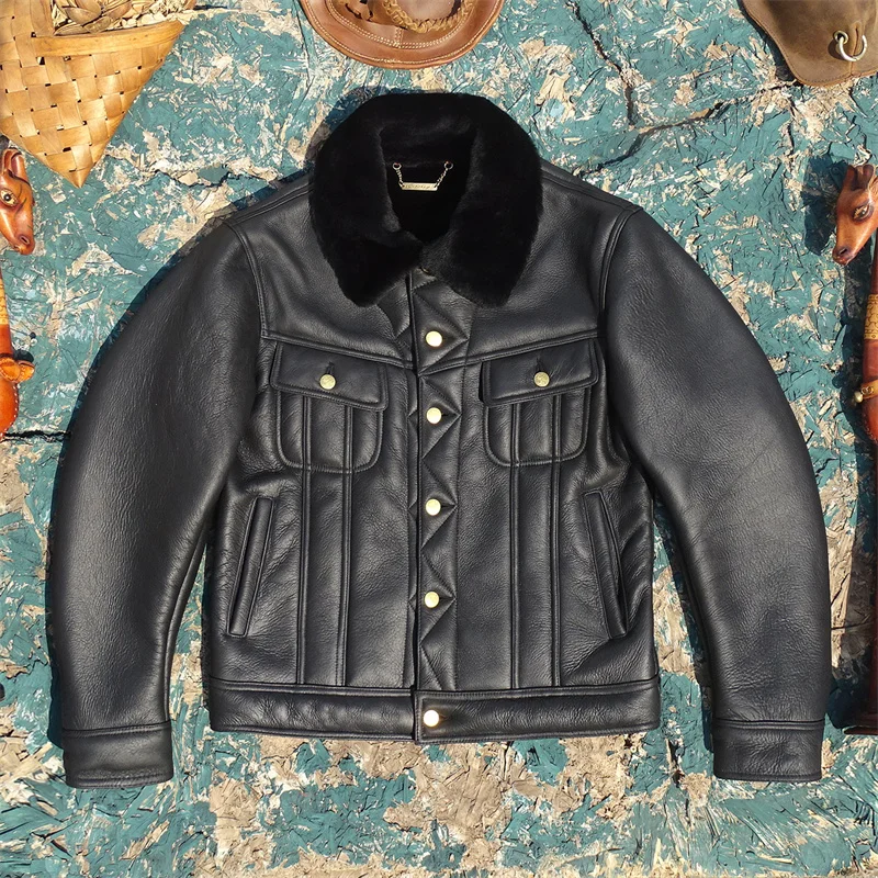 

Молодежная короткая кожаная куртка мужская приталенная с утеплением в стиле рыцарского денима из мягкой овчины