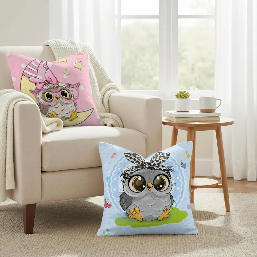 Cute Cartoon Owl Cushion Cover Double-Sided Printed Organic Linen Pillow Cover, Decorative for Sofa Home