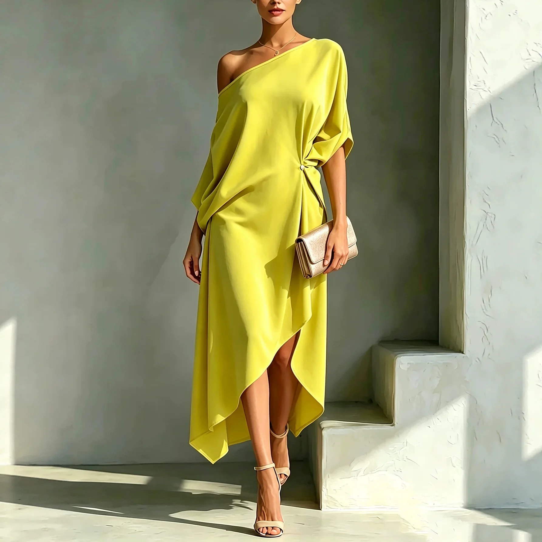 Robe midi asymétrique à une épaule avec nœud à la taille, manches 3/4, drapée, élégante, pour soirée formelle ou cocktail, pour femme